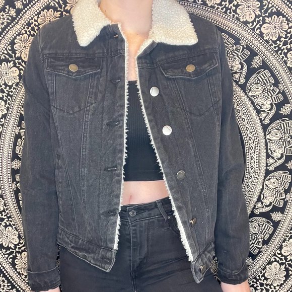 JOUJOU sherpa-lined black denim jacket - Picture 1 of 4